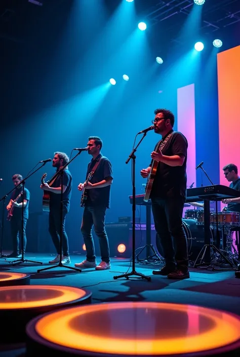 4 homme musicien sur scène que l’on voit de face devant nous.

-Le chanteur est à gauche de l’image avec son micro et son pied de micro. le chanter est debout.
-Le pianiste est debout avec plusieurs synthétiseurs autour de lui et est à droite de l’image le...