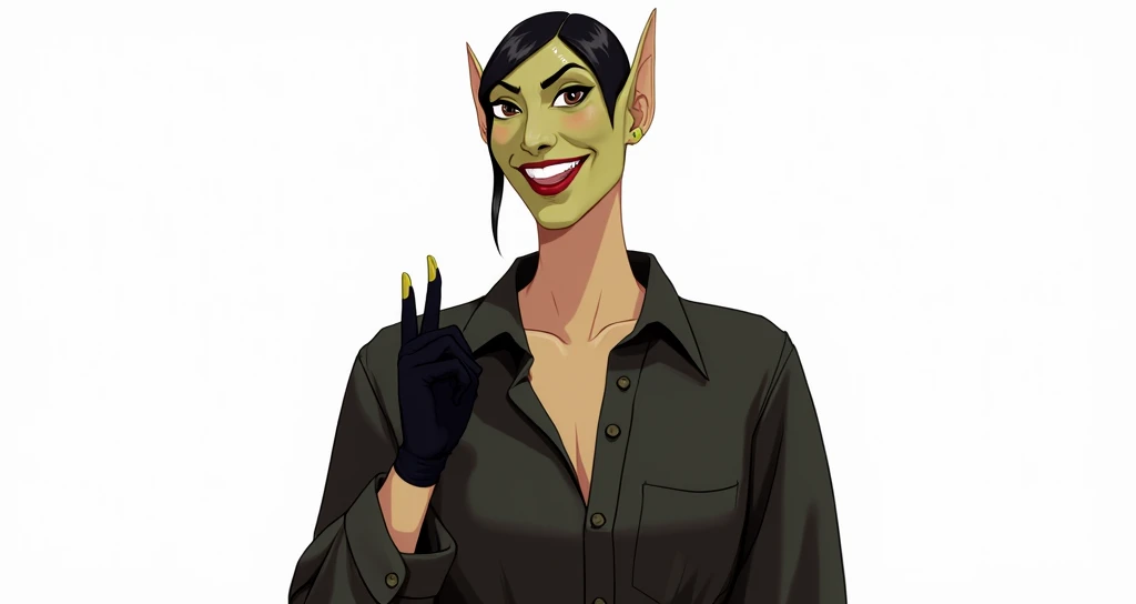 High resolution, Very detailed, perfect lighting, beautiful detailed eyes, ((masterpiece,Best Quality)), absurdities, alone, sexy green skinned goblin woman, by the width, Hair clip, pointy ears, Green shirt, long sleeves, Gloves without fingers, black glo...