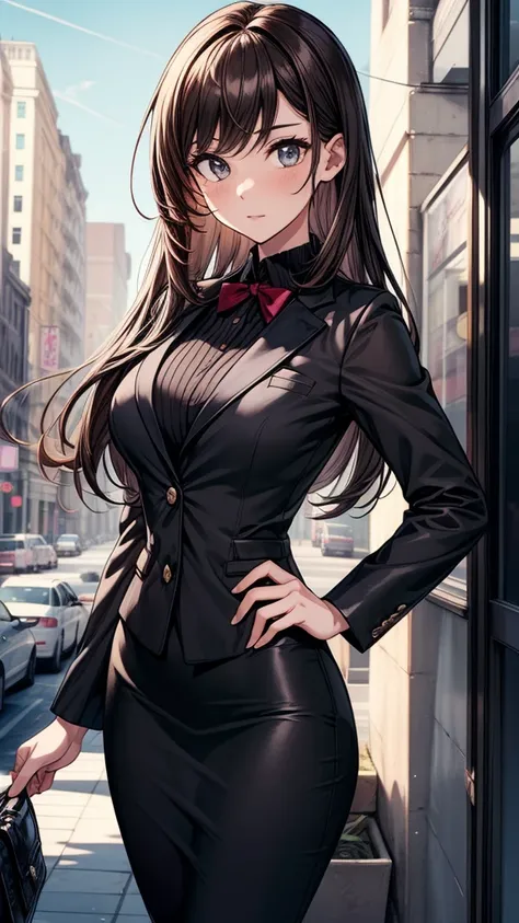 ((masterpiece, best quality:1.8, high detail)), beautiful business woman, looking at viewer, solo focus, long hair, (dark brown hair), (black blazer), (black midi pencil skirt), slim body, wide hips, (lower body), city,