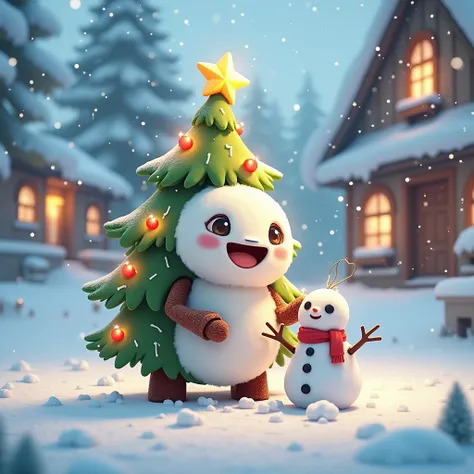 , cute little fluffy furry robotic christmas tree creature building the little snowman , happy, , christmas  theme,  3d, anime, , unreal engine, 8k, hd, 