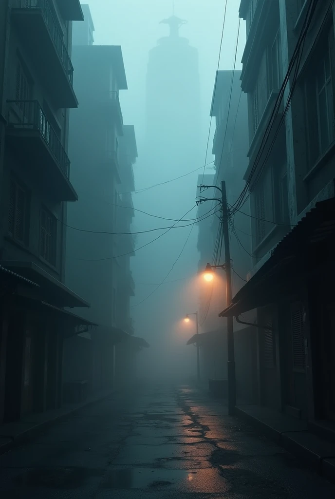 1. A dark, deserted street at night with an eerie fog. Realistic 4K