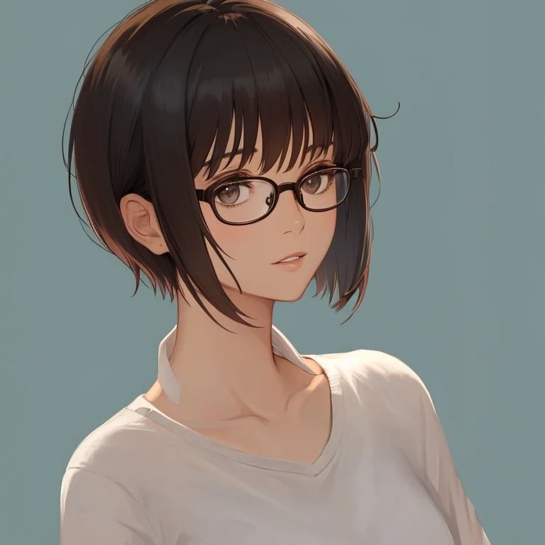 casual short hair with bangs wearing glasses looking into the distance on a simple background