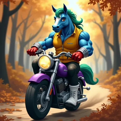  A blue muscular furry horse with a green mane in silver bracelets, In white boots, in black pants, in a yellow zippered sleeveless sweater , wearing red gloves rides a purple motorcycle through the autumn forest