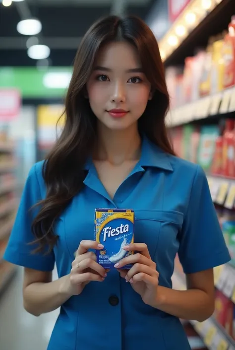 A beautiful spg with a typical Korean face is holding a box condom with the word "fiesta" written on itMasterpiece, Best Quality, High Details, Super Detailed, HD, Long Hair, Breasts, background minimarket, the girl wearing blue uniforms