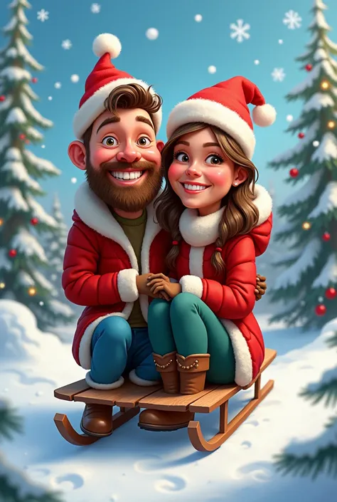 Funny Christmas-Themed Couple Caricature, Sitting on a sled 