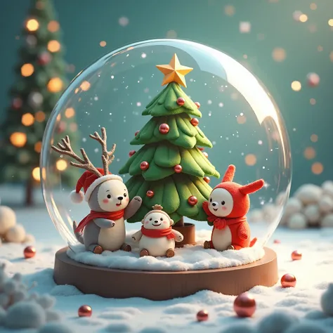 snowglobe, cute little fluffy furry robotic christmas tree creature hanging out with friends, happy, , christmas  theme,  3d, anime, , unreal engine, 8k, hd, 