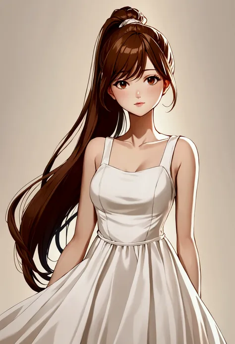 A young, fresh-faced one female student wearing a tight, long white dress, long hair, ponytail hairstyle, brown hair, chest, no decorations, without decorations. Flat creamy background.