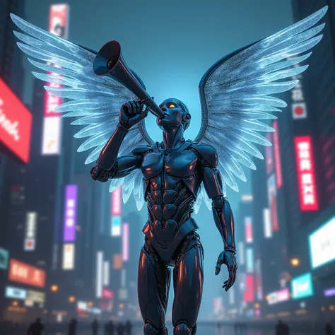 Revelatory vision of a cybernetic angel blowing a metallic trumpet, sending waves of digital particles through a neon cityscape, skyscrapers in the background with glowing billboards; cinematic lighting, 4K.