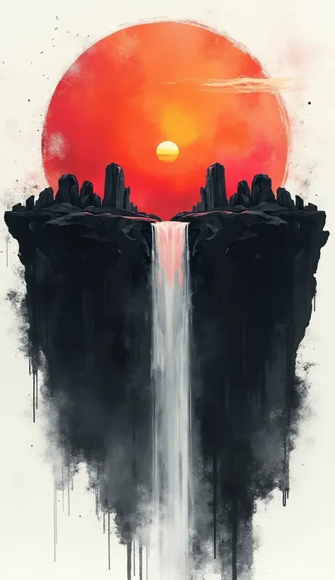 video game art style black graphics, dark black watercolor paint, contras, reverse sunset, white background, torn background, visual art style red line, double exposure, cliff overlooking waterfall, some rocks in shape of arches on top, matte painting 8k, ...