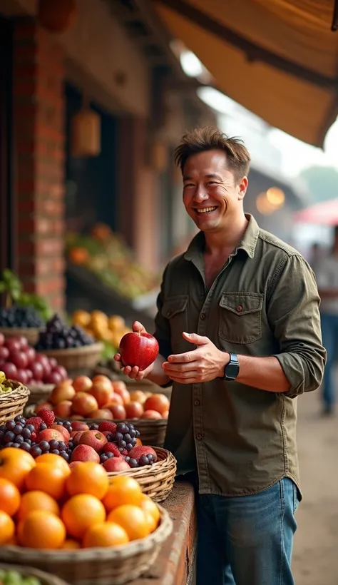 "A lifelike, vibrant image of Elon Musk standing behind a rustic fruit stall in a busy market, wearing casual yet worn clothing. Musk is smiling and engaging with customers, offering a ripe fruit like an apple or orange with an inviting gesture. His relaxe...