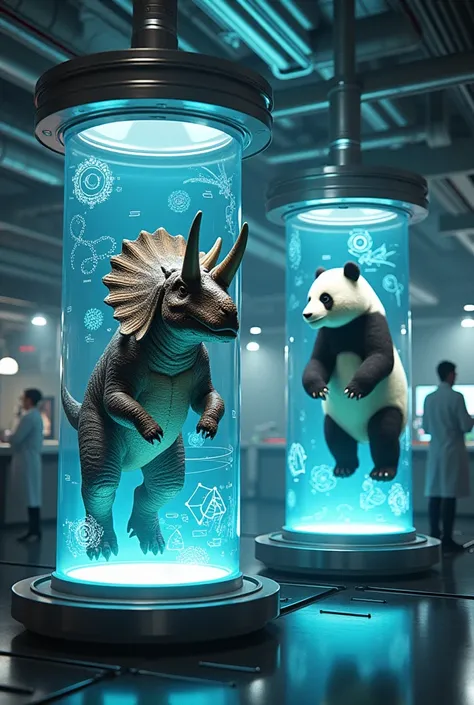 "Create a futuristic laboratory scene with two identical cylindrical glass containers, positioned side by side, each filled with a glowing light blue liquid. In the left container, a large triceratops floats, its thick, armored body and prominent horns shi...