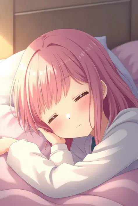  girl、 female middle school student、Put your cheeks on the pillow、 pink hair 、sleeping face、 Anime Illustration 