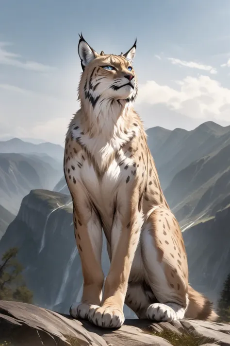 A large handsome and powerful male humanlike anthropomorphic lynx, standing tall and heroic on a mountain with a scenic valley view, his short fur and physique visible through tight, leggins that reveals his doglike large prepuce anatomically correct in ex...