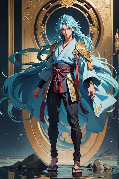 Best quality, masterpiece, high quality, detailed beautiful face, (detailed beautiful eyes), full-body shot, Create a high-quality, masterpiece image of a full-body RPG game character inspired by Japanese mythology. The character is a male god, Takemikazuc...