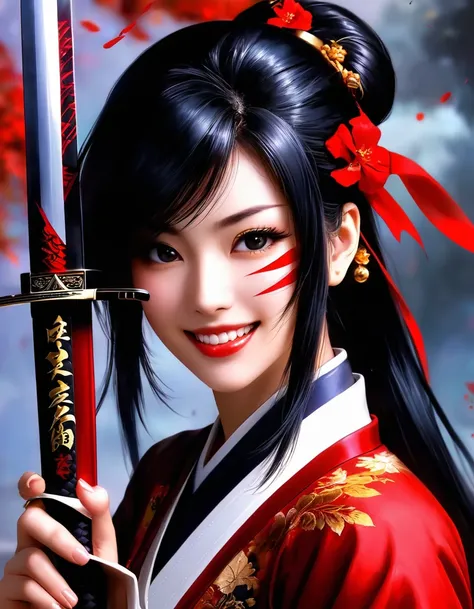 ((masterpiece, highest quality, High resolution, Extremely detailed CG)), A woman holding a katana sword with both hands and licking it with her tongue, crazy face, murderers smile, slasher smile, grimdark background