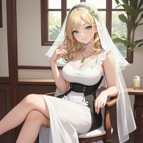 masterpiece, Best Quality,(((( depicts only 1 person)))),(((pure white short veil))),((Im wearing a simple black dress,Tall woman)), (huge breasts), Bust-length blonde ,wavy hair,Pale skin,Happy smile,(((Green Eyes,  detailed eyes))),A thin curved hanging ...