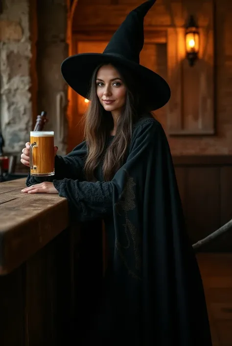 A witch in traditional attire with intricate details, wearing a dark, flowing cloak and a pointed hat, leaning against a rustic bar counter with one hand holding a wooden mug of beer. She has a confident and mysterious expression, with her broomstick resti...