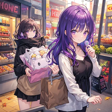 1 person, holding a stuffed animal, shopping center,Autumn Clothes,Beautiful girl with a black base and purple hair on the inside ,smile