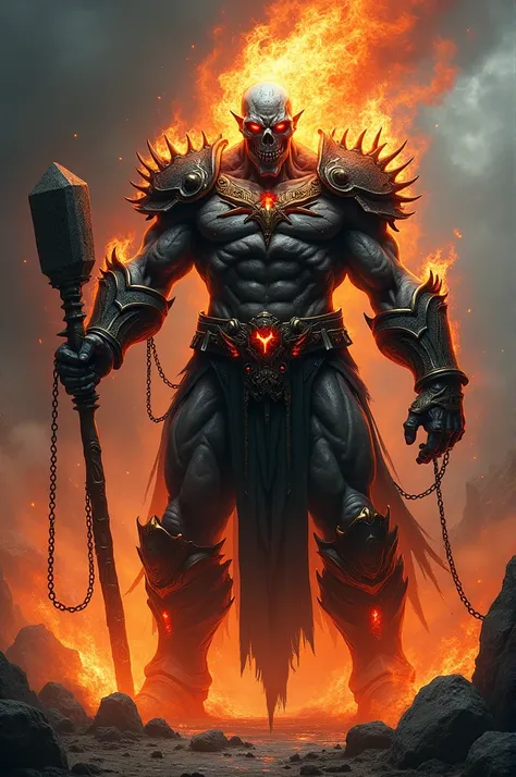 Create a powerful, intimidating hybrid creature that combines Darkseid and Ghost Rider. Imagine a towering, muscular figure with ashen-grey skin, glowing red eyes, and a crown of flames around its head. Its face is a skeletal mask engulfed in dark, siniste...