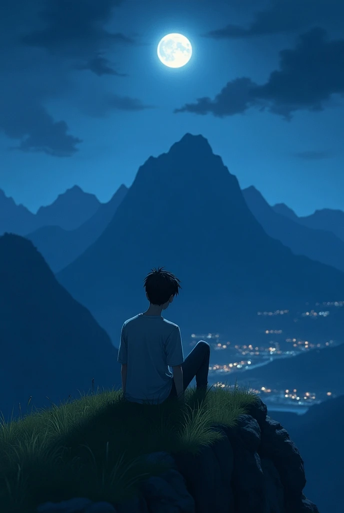 Make a boy who was teenager with 18 year old who was sitting at very higher mountain on grass with moon and night and many stars and he was very sad and down there a village 