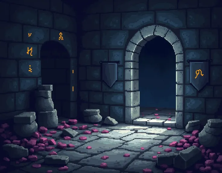 Create a 2D pixel art scene symbolizing defeat in a medieval RPG style, without any characters. Set the scene in a desolate, dimly lit stone room or ruin, where everything feels broken and abandoned. The floor is cracked, with rubble and debris scattered a...