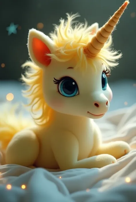 source_pony, rating_suggestive, (feral unicorn), bedroom eyes, shiny, masterpiece, detailed soft lighting, ear fluff, yellow chessee_hair, straight_hair, Short_Hair, Fluffy_Hair, light_yellow_skin, blue_eyes, hair_acessorios, Stars, Sparkles, boy.