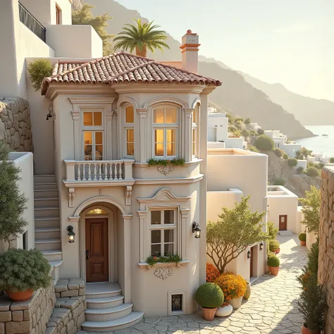 A photorealistic picture of the cutest Victorian Italianate high small narrow apartment which has four floors, springing from the flank of a very high semi-dry dersert steep sloping hill in the island of Santorini at the corner of narrow paths for pedestri...