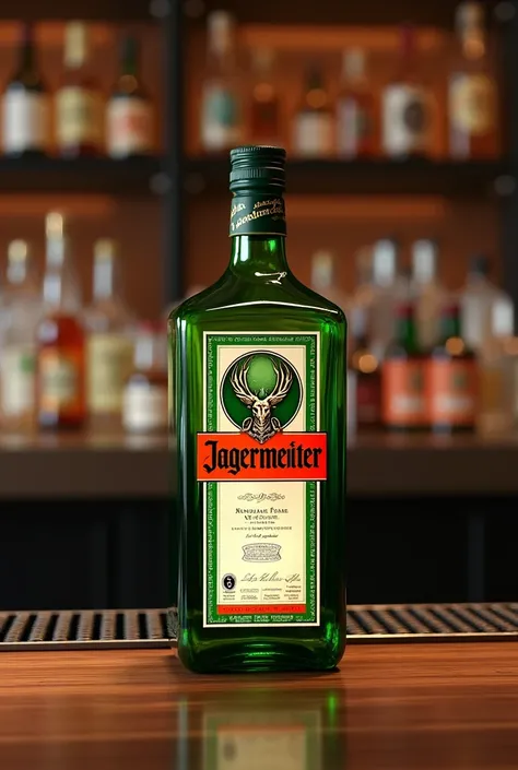 professional realistic image of a Jägermeister bottle on a bar counter