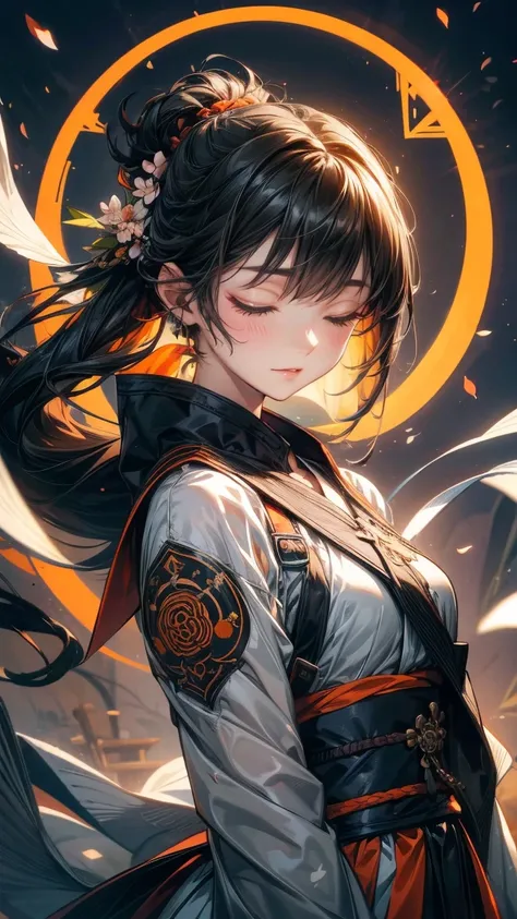 1girl, hair over one eye, asymmetrical bangs, hair behind ear, black straight hair, small breast, closed eyes, light smile, floating swords, grey and orange tectical kinono, Harness, grey and orange tectical tech wear, flower decoration, cherry blossom, to...