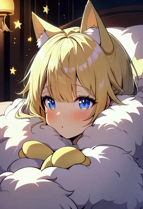 source_pony, rating_suggestive, (feral unicorn), bedroom eyes, shiny, masterpiece, detailed soft lighting, ear fluff, yellow chessee_hair, straight_hair, Short_Hair, Fluffy_Hair, light_yellow_skin, blue_eyes, hair_acessorios, Stars, Sparkles, boy, art 