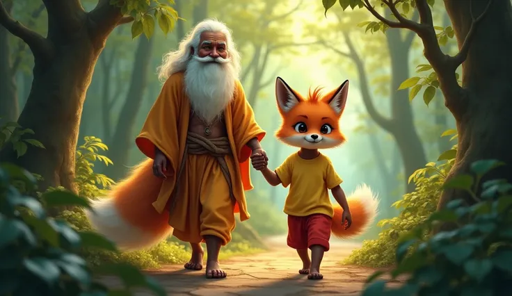 a fox cub, inocent fox cub named sheru, sheru wearing yellow tshirt and red pant,sheru have human body,with large fluffy fur and long and hair style ,sheru walking in the forest with a saint.                     A old age indian human saint walking in the ...