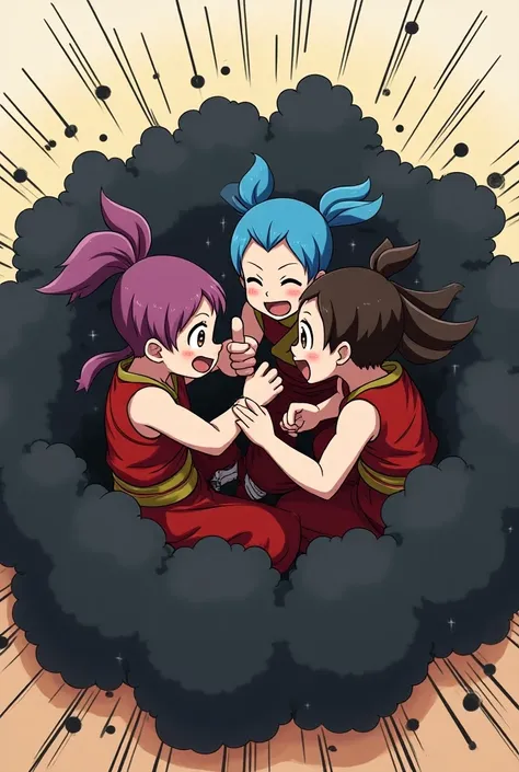 An anime-style comic depicting many monk-girls playfully wrestling with each other inside a black comical fight cloud.
each monk-girl has different  colored hair.
their faces,hands,and feet are visible emerging from the cloud as they tussle humorously,  wi...