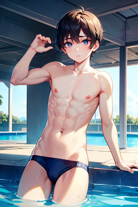 a boy in a white shirt and navy blue underwear, by the poolside, (detailed face and body), (beautiful detailed eyes)