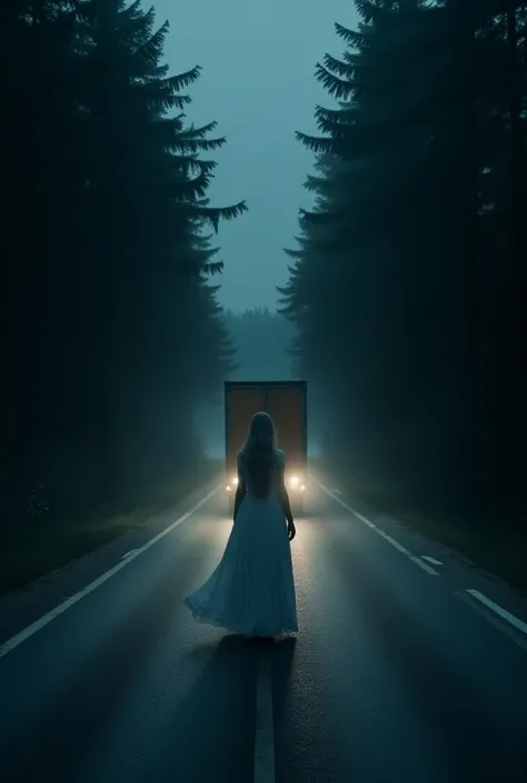 A witch standing on middle of highway which have both side trees. dark eerie night scene. She is standing in front of the truck. 16:9 ratio. She is in white dress.