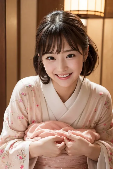 japanes、(Best Quality,Photorealistic,hight resolution),femele,Beautiful detailed eyes,Beautiful detailed lips,Smiling,Laughing,Cute,having fun,Joyful,excited,cosy atmosphere,,magical moments,glinting,Elegant dresses,,love and laughter、a baby face、Looking a...