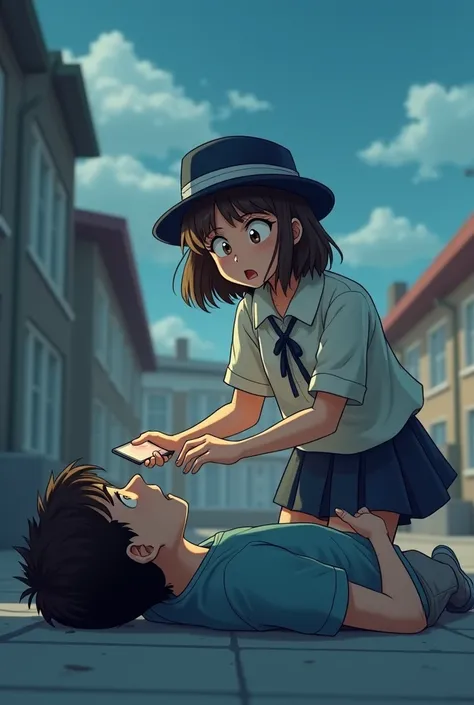  Its a serious situation . Animate a picture of a high school girl wearing a hat on the roof of a school holding a cell phone on the head of a high school boy lying on the floor.  The man is scared. The woman looks nervous .