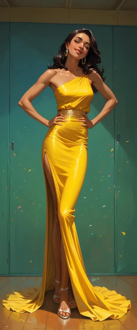 best quality, clear quality, high quality, 4K, 8k, One woman,  sexy woman ,  Latin American girl with dark skin , long dark hair , in a yellow short Latin American dance dress, 1 girl face . Main Person, female Face in the frame, in a dance studio ,  art, ...