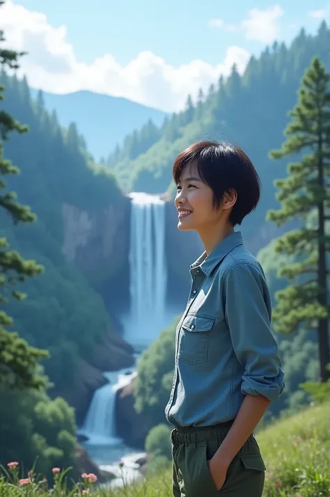 Realistic, beautiful woman 40 years old, pixie medium cut dark brown hair, thin smile, wearing light indigo shirt and cargo trousers, standing on a hill in Hokkaido, waterfall and pine trees, blue sky morning, blue atmosphere 