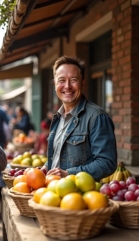 "A lifelike, vibrant image of Elon Musk standing behind a rustic fruit stall in a busy market. Musk is smiling warmly and looking directly at the viewer, exuding a sense of happiness and contentment as he engages with the scene. He wears casual, slightly w...