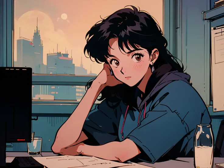   very detailed beautiful woman ,  perfect face, Black Hair ,long hair,bangs,  Brown Eyes , Top of the crop, Short sleeve,  hoodie, Big Breasts, 90s anime style、 Knight 、studio、 a moon 、ヘッドフォンをつけた girl、レイトKnightルーム、Listening to music alone、Urban Pop、 Low i...