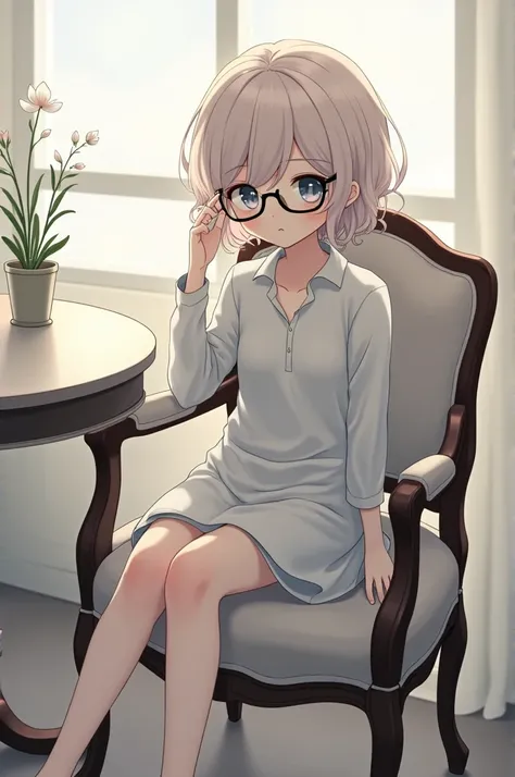 A anime with curled  hair sitting chair next to the table and wearing black glasses, 