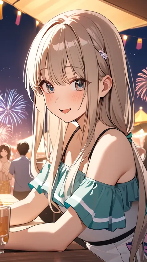 1 girl, ( cute face), Big Eyes,  long hair,  asymmetric cut ,  Pretty Girl Game Outfits,  off-shoulder top with frills,  medium chest, Stylish pose, 楽しげな笑顔  
break, Summer Festival Night, (Soft Light:1.2), Twinkling lights,  Enchanting Atmosphere ,  
break...