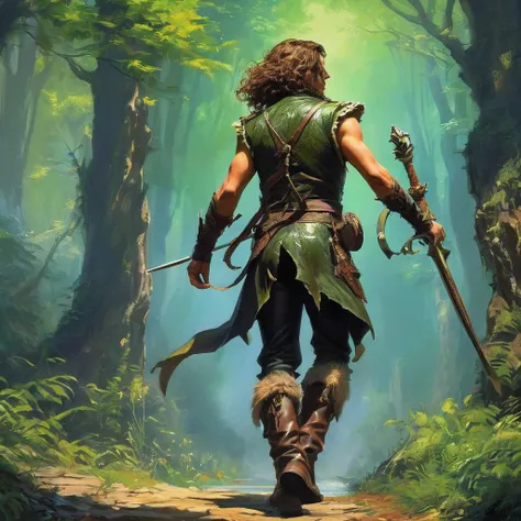 In a vibrant, enchanted forest alive with the sounds of rustling leaves and distant animal calls, a brave teen with wild brown curls walks confidently along a winding path. His back is to us, showcasing a rugged medieval hunter’s outfit—an intricately craf...