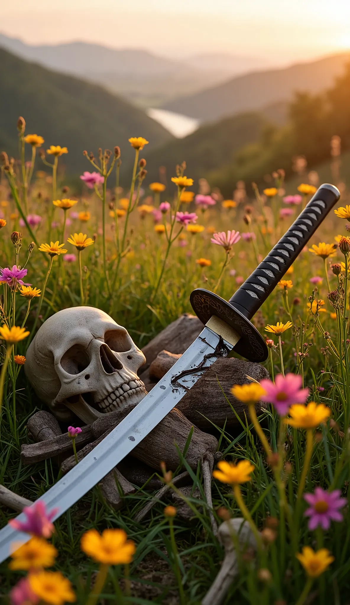 a beautiful japanese katana with a tattered and broken blade lies amidst the flowers of a beautiful spring meadow, and beside it...