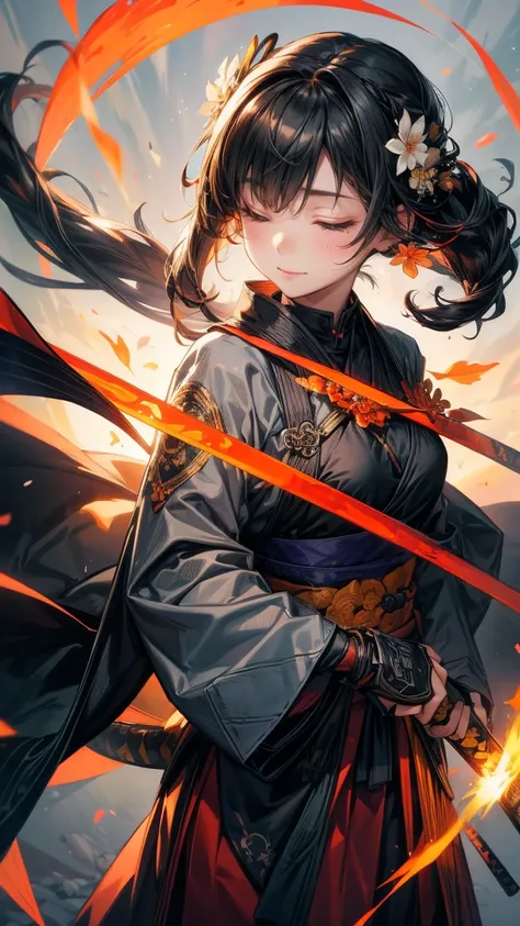 1girl, hair over one eye, asymmetrical bangs, hair behind ear, black straight hair, small breast, closed eyes, light smile, floating swords, grey and orange tectical kinono, Harness, grey and orange tectical tech wear, flower decoration, cherry blossom, to...