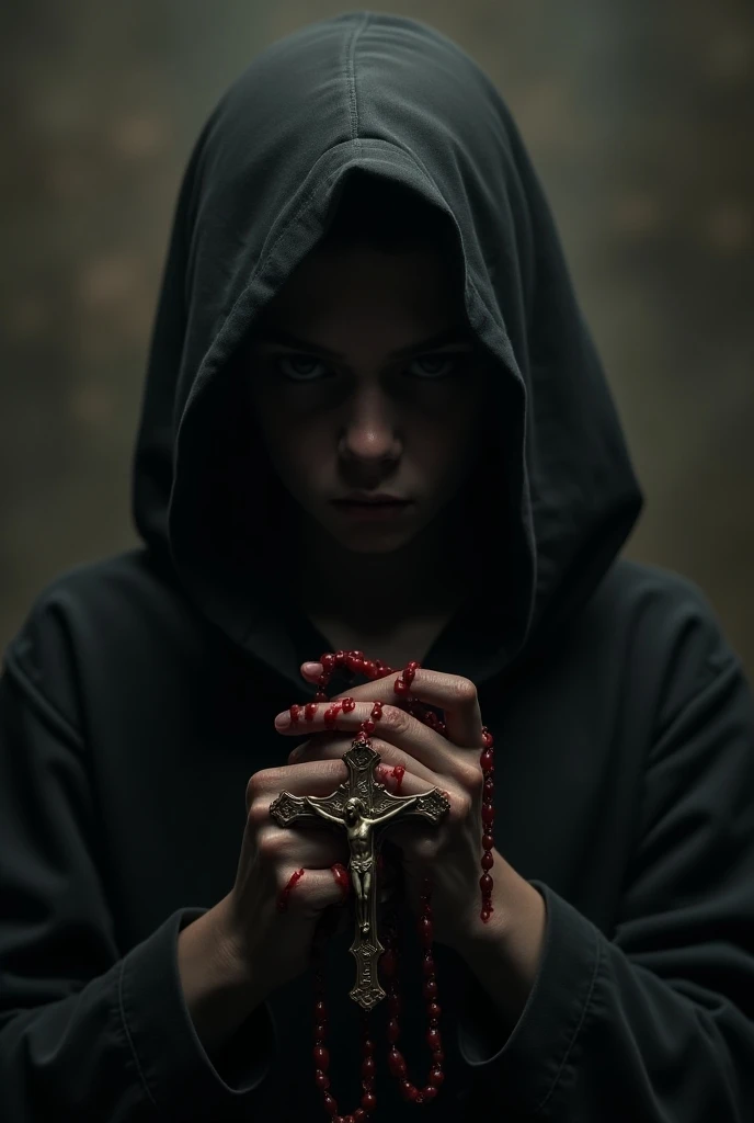  a bloody Christian rosary and the face of a hooded boy and the background is scary