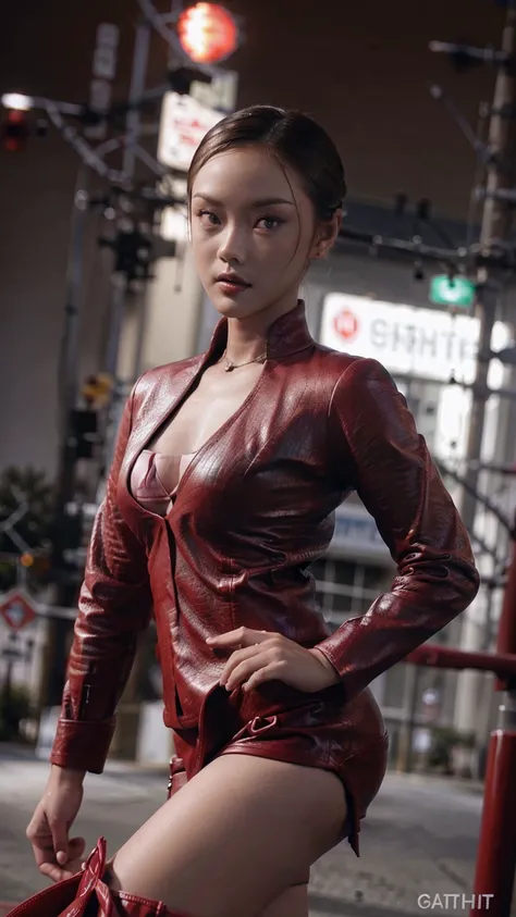 best quality, realistic, front pov, Full Body Portrait of KristannaTX in a los angeles city street, (a female Indonesian supermodel), (wine red leather jacket:1.1), seductive smile, (dark hair), (updo hair:1.1), perfect eyes, sharp details, detailed face, ...