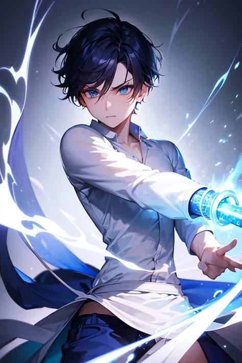 a young boy wearing a white long-sleeved shirt and blue shorts, katana sheathed at his waist, detailed facial features, beautiful eyes, realistic, highly detailed, 8k, masterpiece, epic fantasy, dramatic pose, dynamic action, vibrant colors, intricate back...