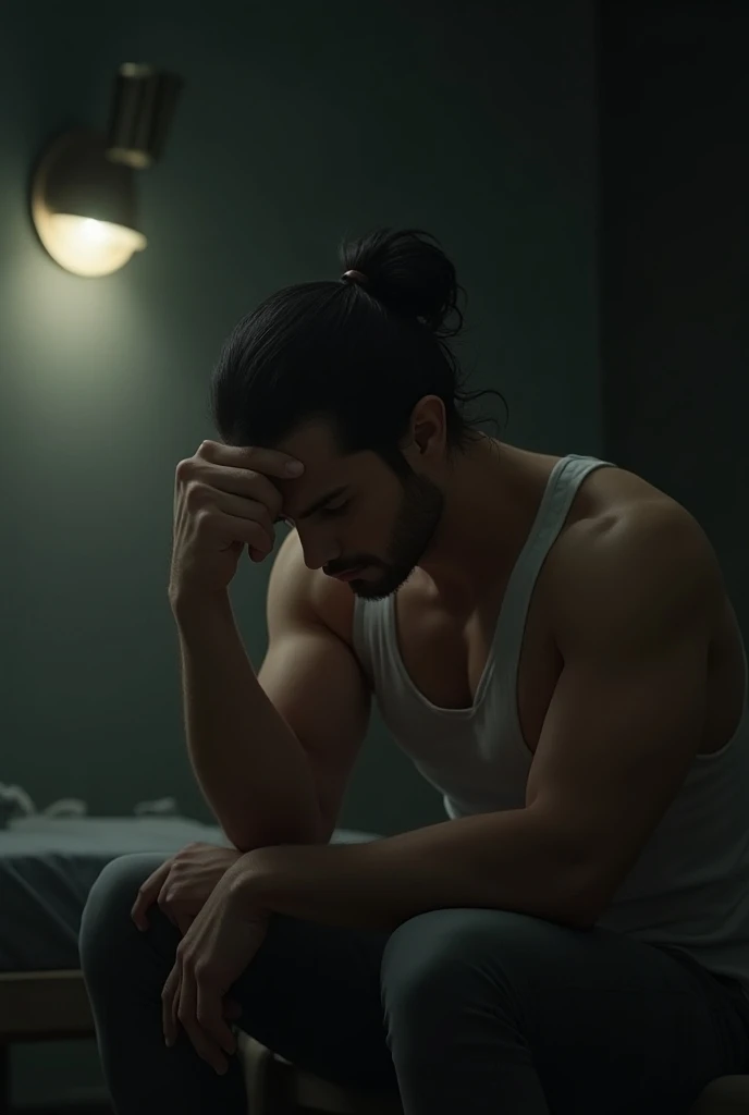 A handsome man with long Bun hair wearing a singlet holds his head in both hands as if frustrated in a room with lighting from the corner of the ceiling.