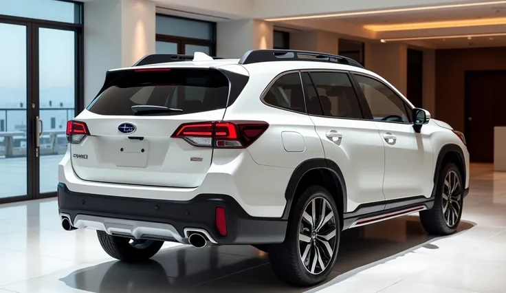 Please Give me a 2025 Subaru Outback New model And New Design White colour High And HD Quality Pictures  Luxurious Showroom Showcase Background Back View